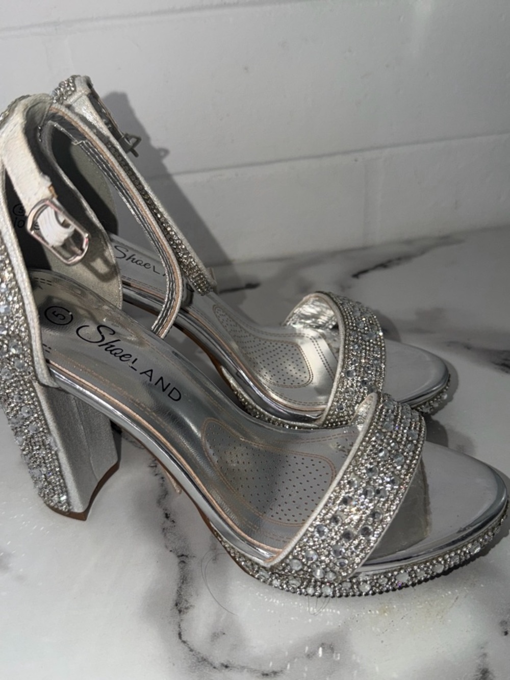 Silver Crystal Block Heel Sandals